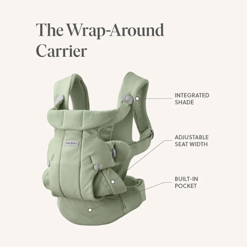 Babybjorn Baby Carrier Hold Mesh in black, featuring integrated shade, adjustable seat width, and a built-in pocket.