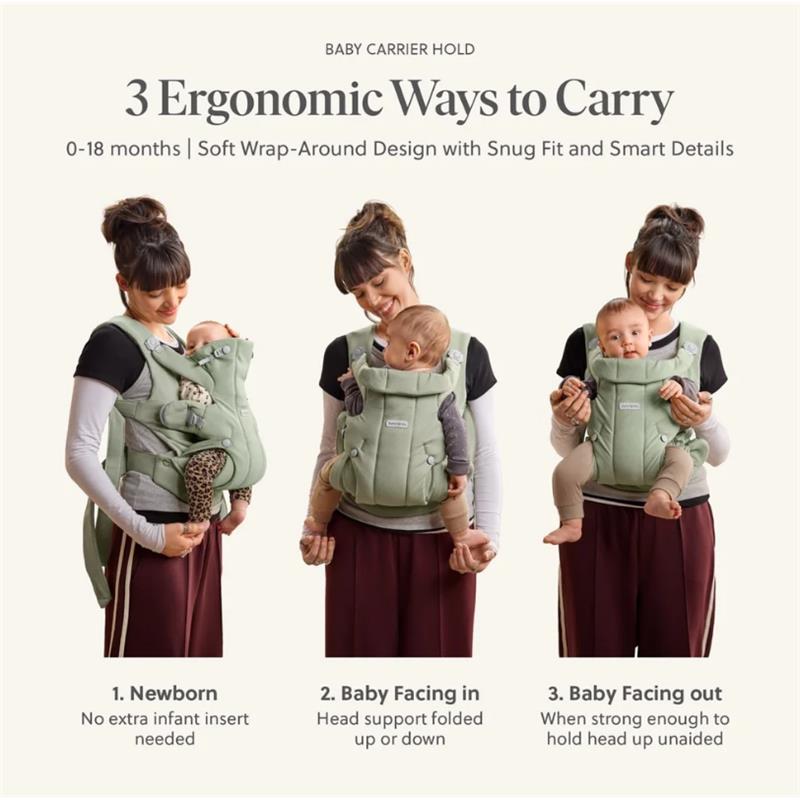 Babybjorn Baby Carrier Hold Mesh in cream color with a mother demonstrating three carrying positions for infants aged 0-18 months.