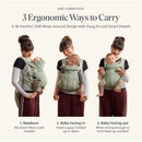 Light green Babybjorn Baby Carrier Hold displayed by a woman with a baby, showcasing three ergonomic carrying positions.