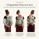 Babybjorn Baby Carrier in Sand Gray, showing a woman demonstrating three ergonomic carrying positions for infants.