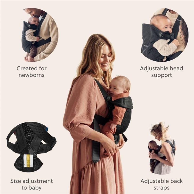 Black Babybjorn Baby Carrier Mini 3D Mesh, designed for newborns, featuring adjustable head support and back straps.