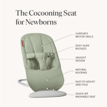 Light green Babybjorn Bouncer Begin features a snug design, easy-slide buckles, and quick-zip washable seat, ideal for newborns.