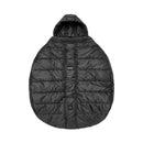 Black quilted winter cover for BabyBjörn baby carrier, featuring a hood and front button closure.