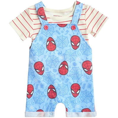 Blue and red Spider-Man overall with a striped shirt underneath, featuring Spider-Man faces and web patterns.