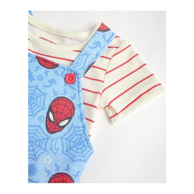 Babyfair 2Pk Disney Boy Overall & Shirt in blue and red with Spider-Man prints and a striped shirt underneath.