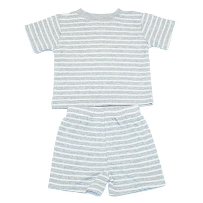 Gray and white striped baby short-sleeve shirt and matching shorts set, suitable for infants.