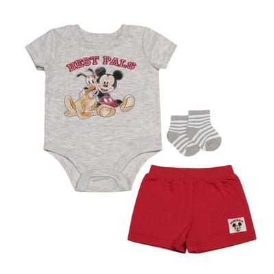 Babyfair 3Pk Disney Boy Shorts, Bodysuit & Socks, Light Grey Mickey Image 1