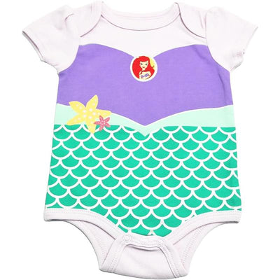 Bodysuit featuring purple top with a mermaid design, green scale pattern, and yellow starfish. Ideal for young girls.