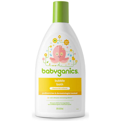 Babyganics Bubble Bath in Chamomile Verbena scent, 20 oz bottle with a tear-free formula, pediatrician tested, featuring a pink octopus design.
