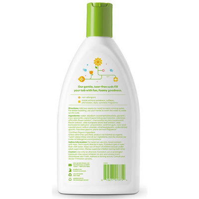 Babyganics Bubble Bath in Chamomile Verbena scent, 20 oz bottle featuring a green cap and gentle, tear-free formula details on the back.