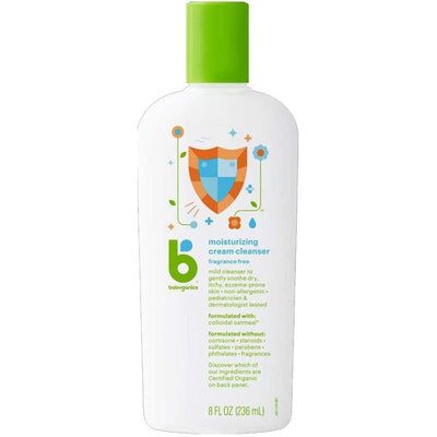 Moisturizing cream cleanser by Babyganics in an 8 oz bottle; fragrance-free, dermatologist tested, with an illustration of a shield.