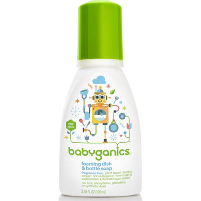 Babyganics foaming dish and bottle soap, 3.38 oz, fragrance-free, with non-toxic, plant-based ingredients and playful robot design.