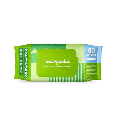 Babyganics fragrance-free baby wipes packaging, featuring 80 wipes, with green and blue color scheme and playful text.
