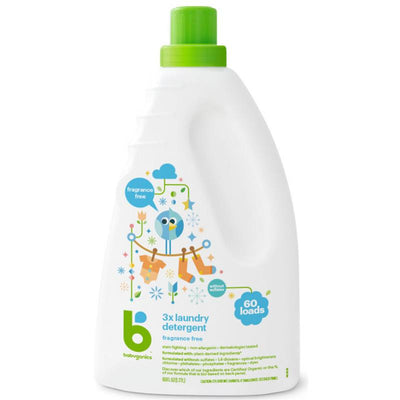 Babyganics 3x Laundry Detergent, fragrance-free, 60 oz bottle, targets 60 loads with eco-friendly ingredients and playful graphics.