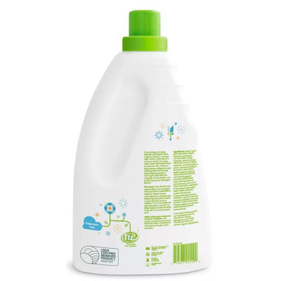 Babyganics 3x laundry detergent, 60 oz bottle, fragrance-free, featuring green cap and colorful design elements.