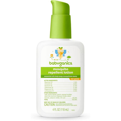 Babyganics mosquito repellent lotion, 4 oz, featuring an owl graphic and text highlighting essential oils to repel mosquitoes.