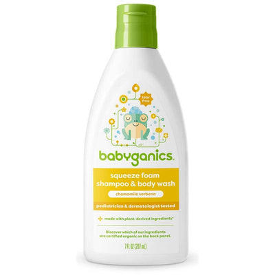 Squeeze Foam Shampoo & Body Wash by Babyganics, 9 Oz, featuring chamomile verbena and a tear-free formula, pediatrician tested.