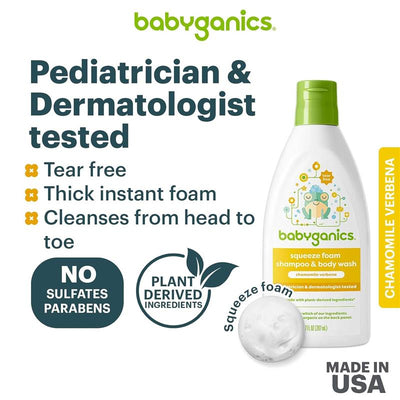 Babyganics Squeeze Foam Shampoo & Body Wash Chamomile Verbena, 9 Oz, pediatrician tested, tear-free, plant-derived ingredients.