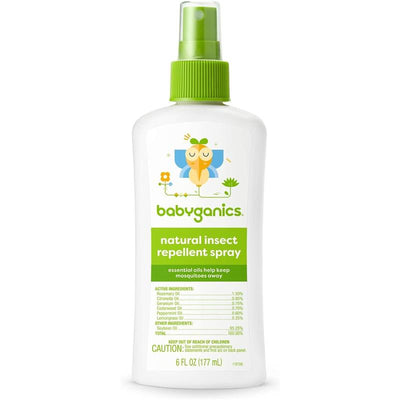 Babyganics natural insect repellent spray, 6 oz bottle, features essential oils to repel mosquitoes.