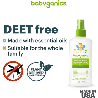 Natural insect repellent spray by Babyganics, 6 oz, DEET-free, made with essential oils, suitable for families.