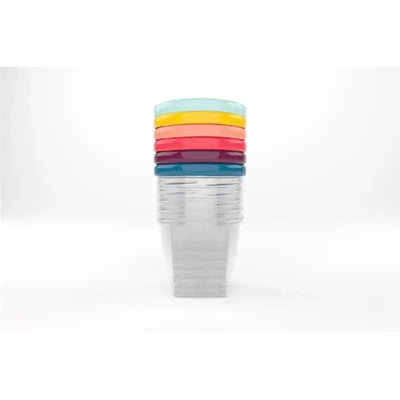 Colored lids stacked on top of clear Babymoov Babybols containers, ideal for storing baby food or snacks, 250 ml each.