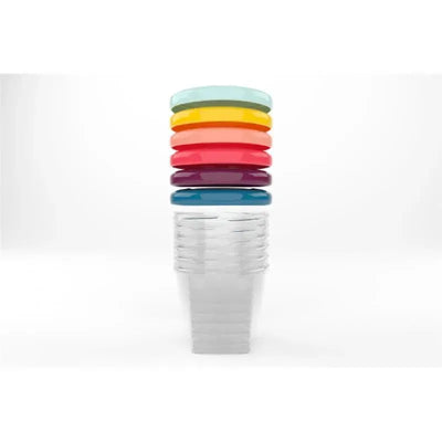 Colorful Babymoov Babybols with stacked lids, showcasing a 6-pack of 250 ml containers designed for baby food storage.
