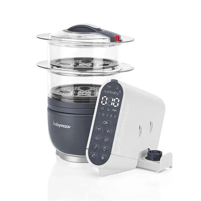 Babymoov Duo Meal Station 5-in-1 food maker in grey, featuring a steam cooker, blending, and pureeing functionality.