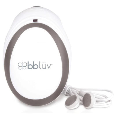 Wireless fetal Doppler device by bbluv with earphones, featuring a white and gray design and audio connection.