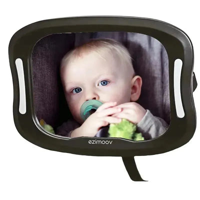 Ezimoov baby car mirror displaying a baby with a pacifier, surrounded by a green toy, with a soft gray background.