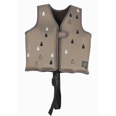 Tan swim vest with a water droplet design in gray, black, and white, featuring a secure front closure and adjustable strap.