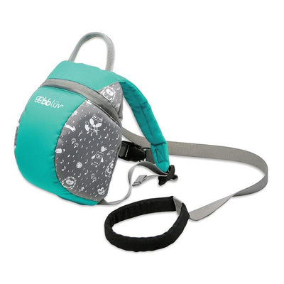 Toddler backpack in aqua, featuring a padded design, adjustable strap, and safety rein with a fun animal print.