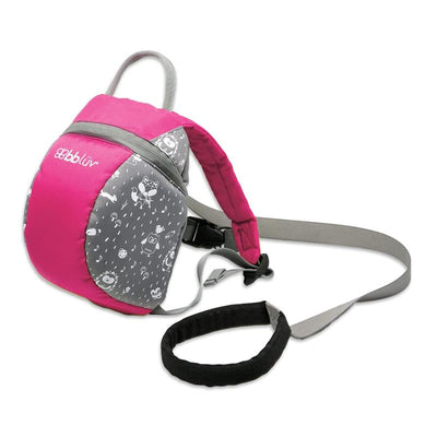 Toddler backpack in pink and gray with a cute animal pattern, features a rein for safety and adjustable strap.