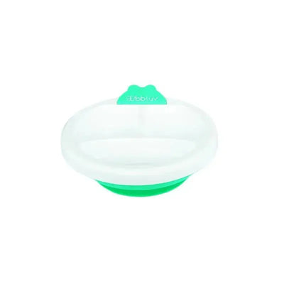 Aqua Bblüv Plato Warm Feeding Plate for babies, featuring a clear top and green base for easy feeding.