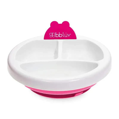 Warm feeding plate by bblüv in pink and white, featuring three compartments and a bear-shaped back tab.