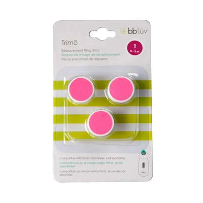 Replacement filing discs for Bbluv Trimö, designed for infants 0-3 months, featuring three pink discs in packaging.