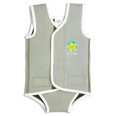 Neoprene baby wetsuit in gray with a starfish design and white trim, designed for water activities.