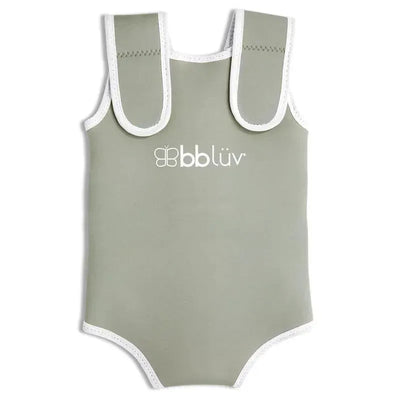 Neoprene baby wetsuit in gray with white trim and logo, designed for comfort and warmth during water activities.