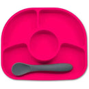 Bbluv Yümi pink silicone plate featuring four sections and a gray spoon designed for toddlers.