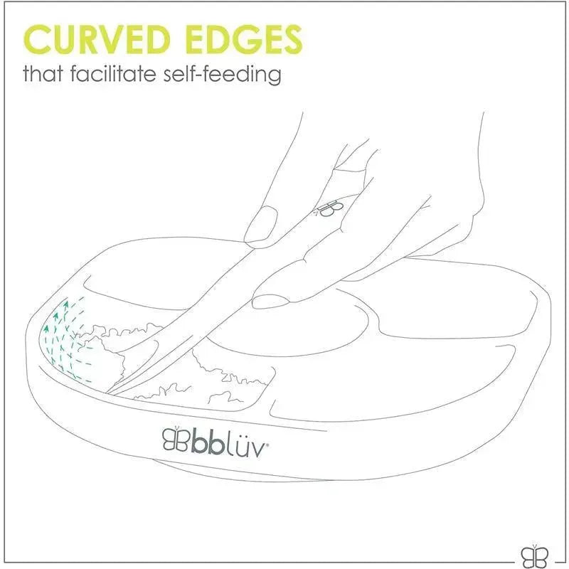 Yümi 4-section silicone plate in pink, with a hand holding a spoon, highlighting curved edges for self-feeding.