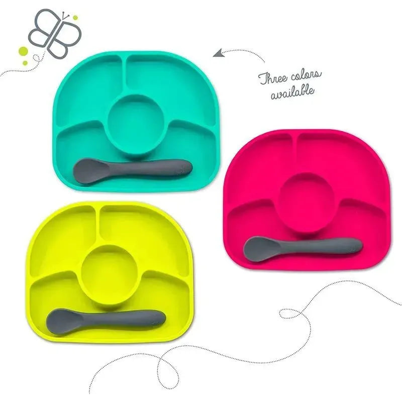 Silicone plate set with four sections and matching spoon, available in pink, turquoise, and yellow.