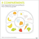 Silicone plate divided into 4 compartments featuring various food items like fruits, cheese, and vegetables.