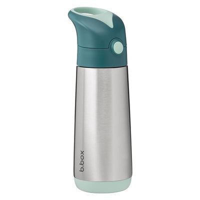 Insulated 16.9 oz water bottle in emerald forest green and stainless steel with a push-button lid.