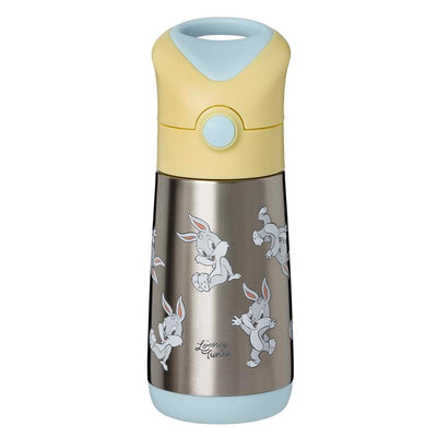 Insulated 350ml drink bottle featuring a stainless steel body with Looney Tunes character designs and a yellow and blue lid.
