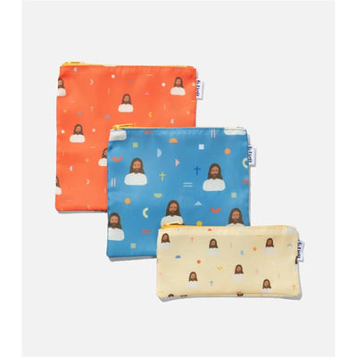 Reusable snack bags in three sizes featuring colorful patterns with cartoon Jesus figures and various geometric shapes.