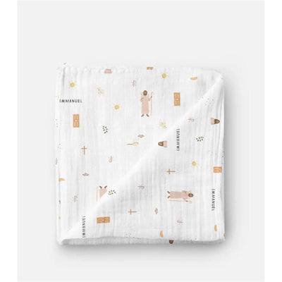 Muslin swaddle baby blanket featuring pastel illustrations of Jesus and Christian symbols on a white background.