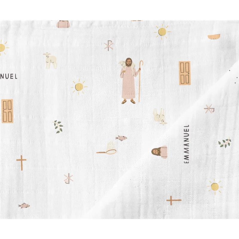 Muslin swaddle blanket featuring illustrations of Jesus, sheep, sun, and various symbols in soft colors.