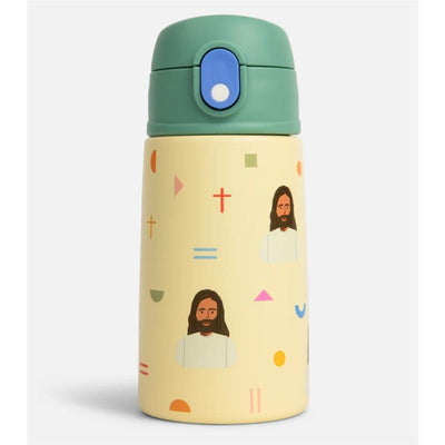 Stainless steel water bottle featuring colorful geometric designs and illustrations of Jesus, 13.5 oz capacity.