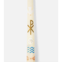 Baptism candle featuring gold symbols, including a dove, shell, waves, and fish, designed for religious ceremonies.