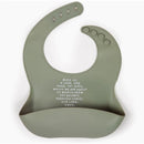 Sage green silicone bib featuring a front pocket and text that reads a meal blessing prayer.