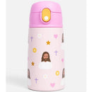 Pink stainless steel water bottle with a design featuring Jesus, flowers, hearts, stars, and crosses. 3.5 oz capacity.